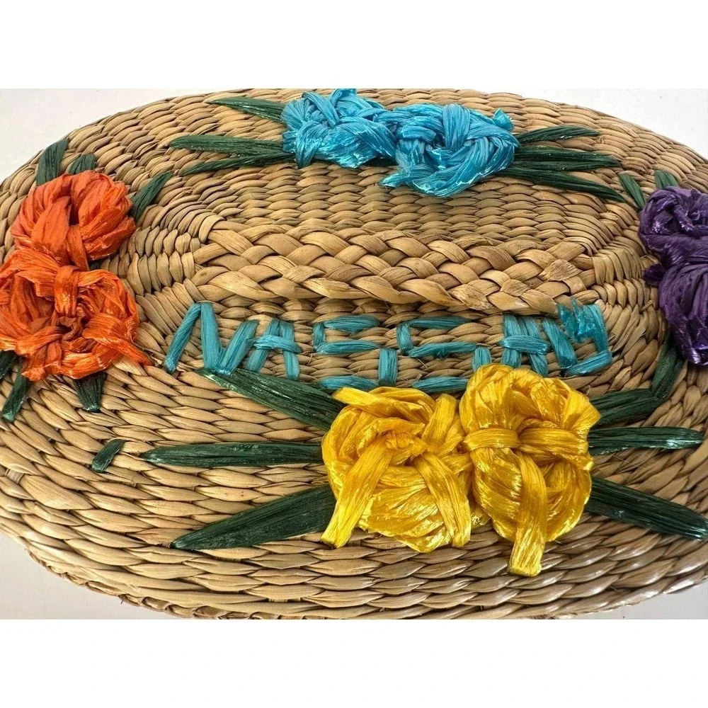 Vintage Nassau Bahamas Woven Straw Trinket Box Raffia Floral Embroidery 036(101)